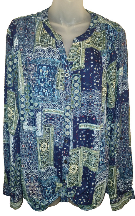 Westport Tops - Westport Women’s Blue Green Patchwork Floral Geometric Style Shirt Size XL BG26
